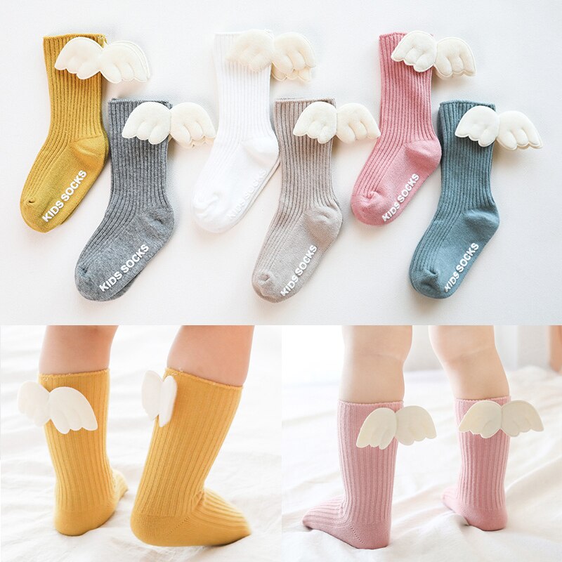 Søde englevinge baby pige sokker blød bomuld efterår vinter børn sokker anti-slip slik farve småbørn børn korte gulv sokker