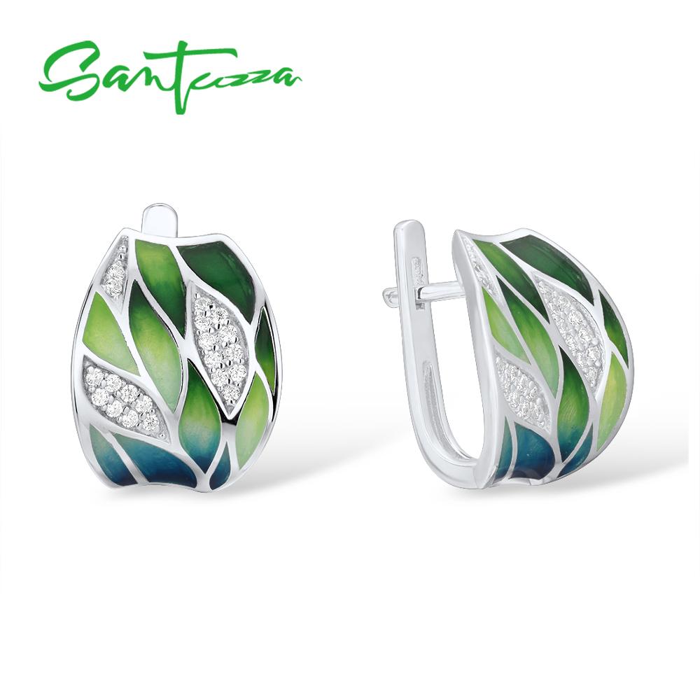 SANTUZZA Silver Earrings For Women Genuine 925 Sterling Silver Green Bamboo leaves Shiny White CZ Fine Jewelry Handmade Enamel