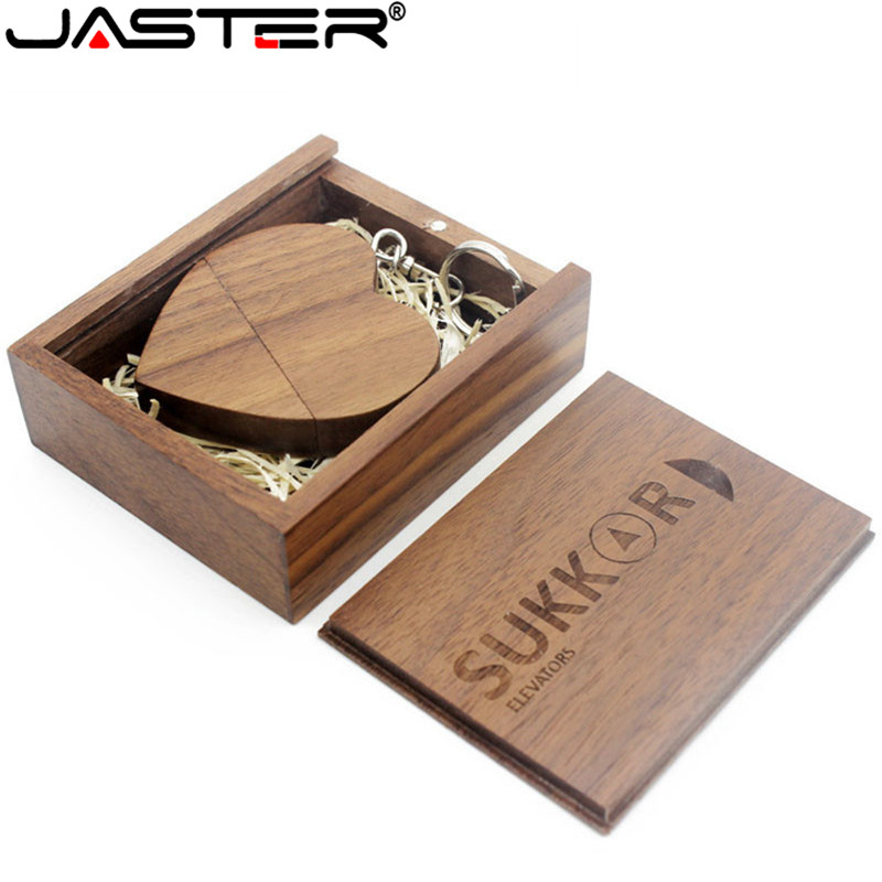 JASTER (over 10 PCS free LOGO) walnut wooden heart box USB flash drive pendrive 8GB 16GB 32GB 64GB memory stick