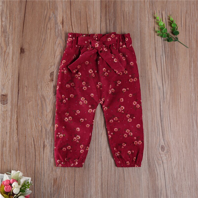 Pantalones de pana para niña, pantalón adelgazante con estampado de flores, ropa con lazos, pantalón holgado para niña pequeña