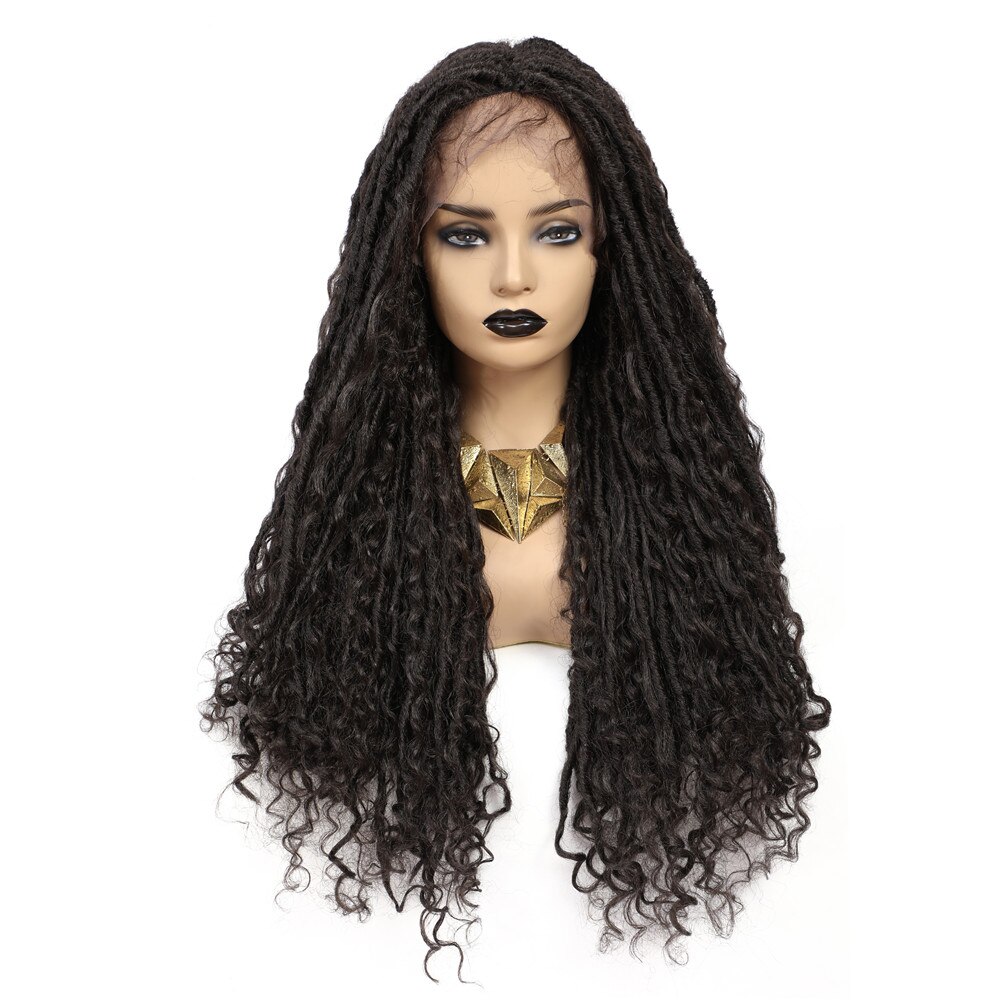 Soku Brown Dreadlocks Braided Wigs Synthetic Lace Frontal Wig with Faux Locs Curly River Crochet Braid Middle Part Braids Wig: 4