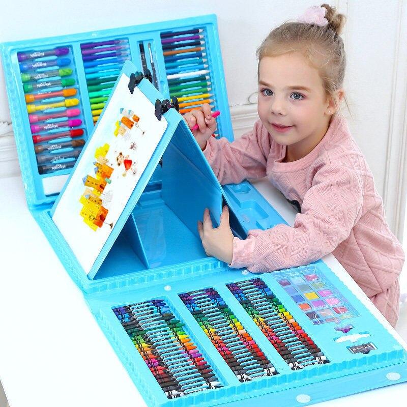 208 PCS Kid disegnare Set matita colorata pastello acquerelli penne disegno Set giocattolo disegno arte pennarelli materiale scolastico regali per bambini: 176 Pcs Blue