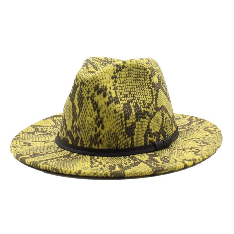 Seioum Autumn Winter Snake Pattern Jazz Fedora Hats Wool Felt Cap Wide Brim Chapeu Panama Party Formal Hat for Men Women: yellow