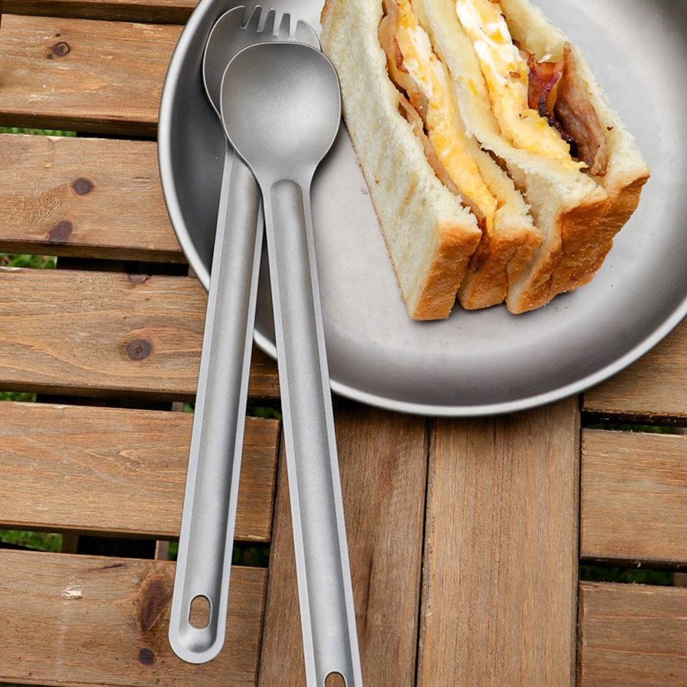 Outdoor Flatware Long Handle Half Frosted Spoon Titanium Cutlery Picnic Camping Tableware Reusable Fork Set Lightweight