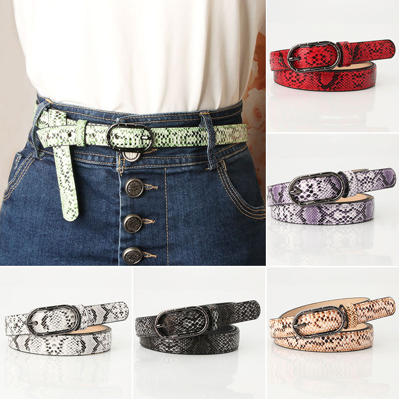Slangenprint dames pu leren tailleband dames dunne skinny riemen voor dames jeans jurk riem zwarte metalen gesp