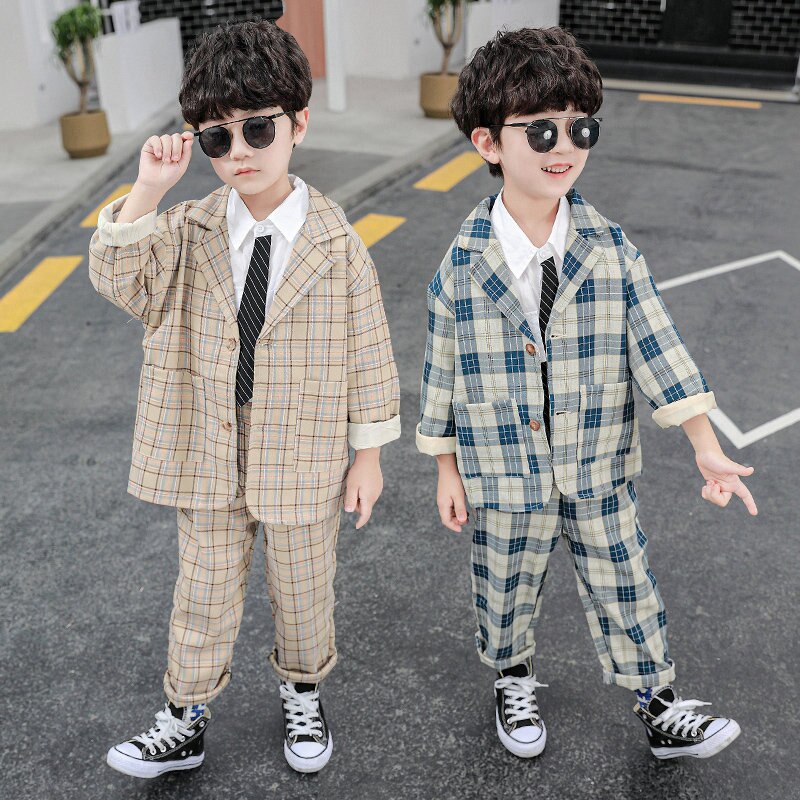 2 Stuks Kids Plaid Bruiloft Blazer Pak Voor Peuter Jongens Formele Kostuum School Pak Voor Kinderen Lente kleding Sets