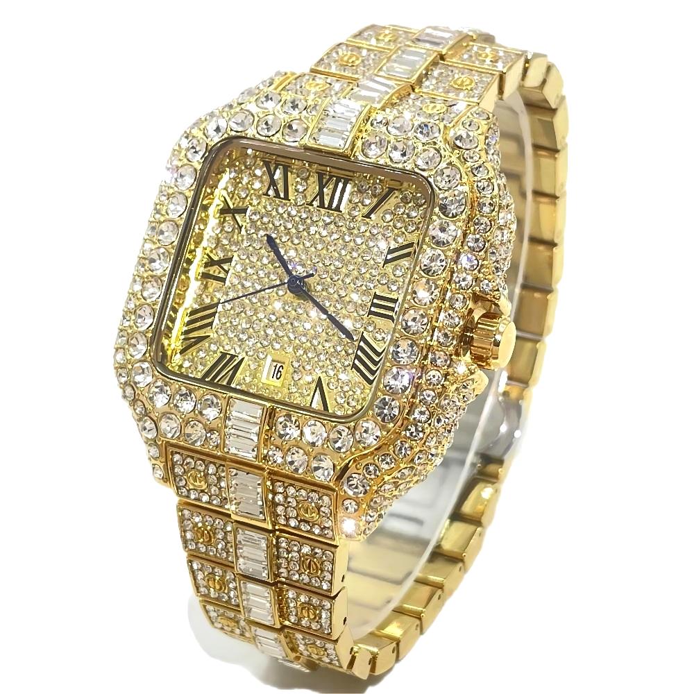 Luksuriøst guldur til mænd i rustfrit stål quartz armbåndsur herre hiphop iced diamant firkantet ur reloj hombre: Bronze
