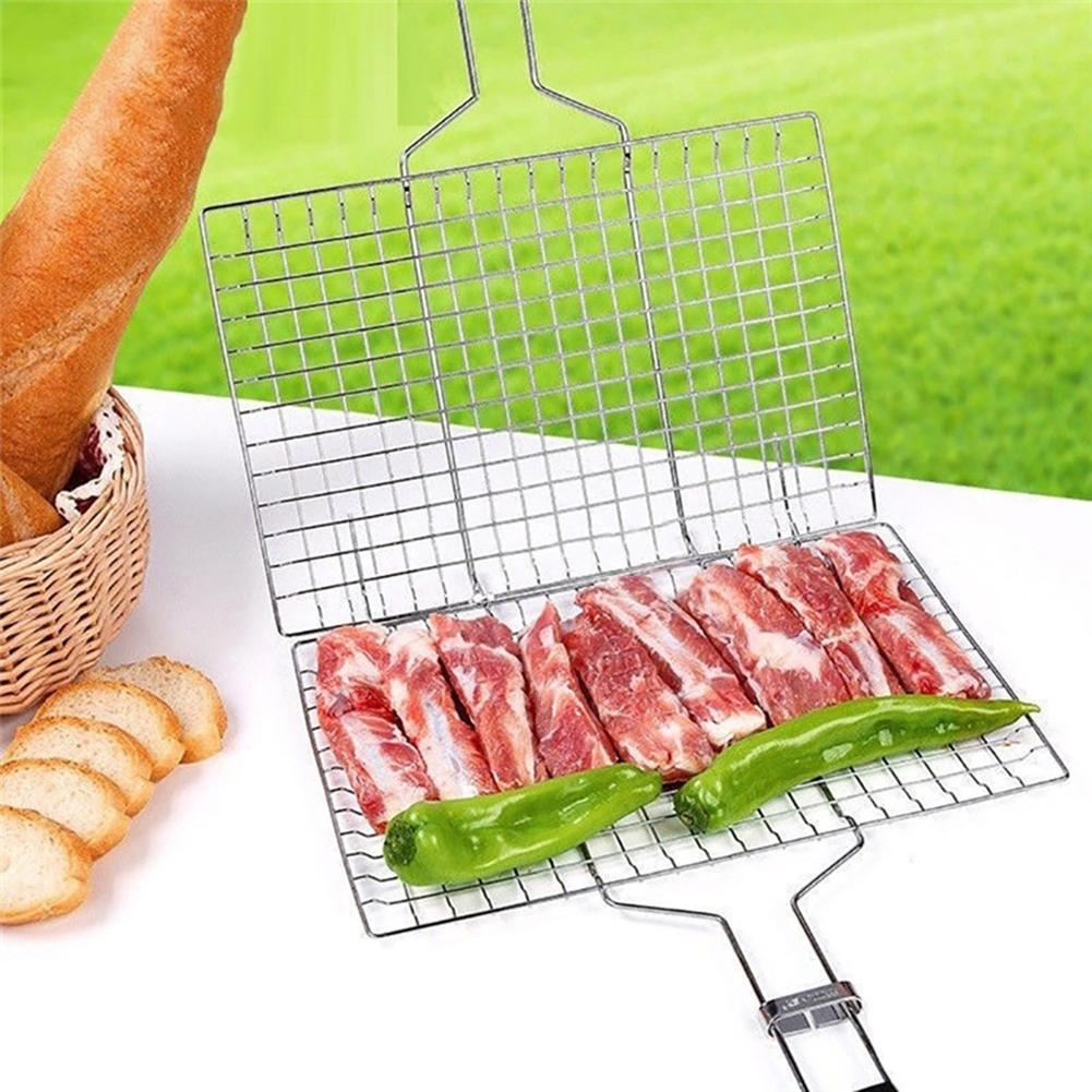 Ruostumaton teräs tarttumaton grilli kori työkalut grilli verkko kala hampurilainen kultapaisto kannettava puinen kahva liha kalaklipsi