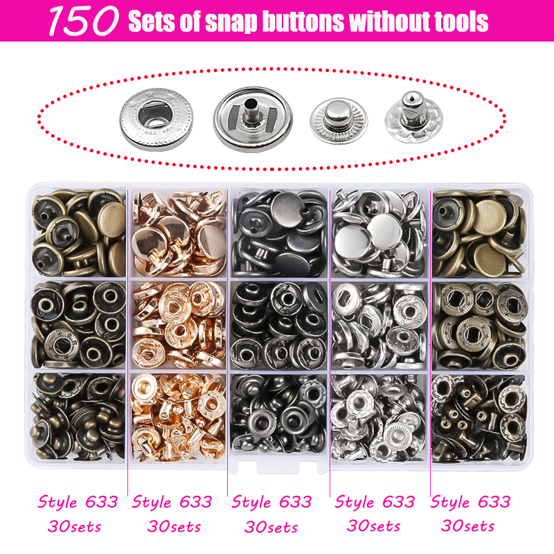 24-150set/box Metal Snap Fasteners Button Stainless Steel 633# Snap Buttons Sewing Accessories for Clothing Jacket Leather Craft: Multi-Colored