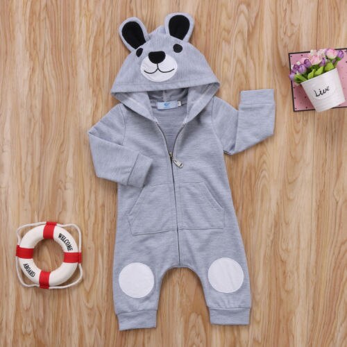 Cute Bear Baby Rompers Newborn Infants Boys Girls Clothes Kids Hooded Jumpsuit Outfit Pullover: Gray / 12M