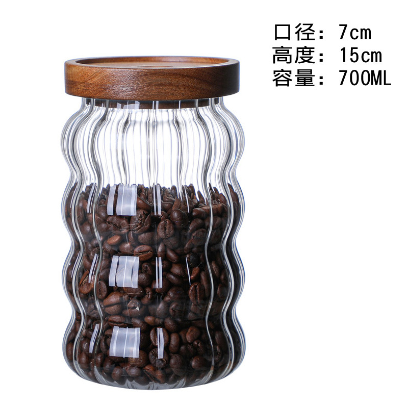 Tarro de almacenamiento de Vidrio Curvo , botella sellada, tarro de caramelo de grano de café con tapa de madera, contenedor de vidrio artesanal para decoración del hogar: 700ml