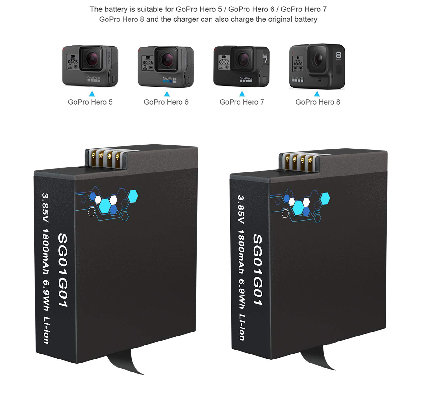 Batería GoPro Hero 5/6/7/8 y cargador rápido tipo C, batería de 1800 mAh para cámara de acción GoPro Hero 8 Hero 7 Hero 6 Hero 5 (batería GoPro completamente decodificada)