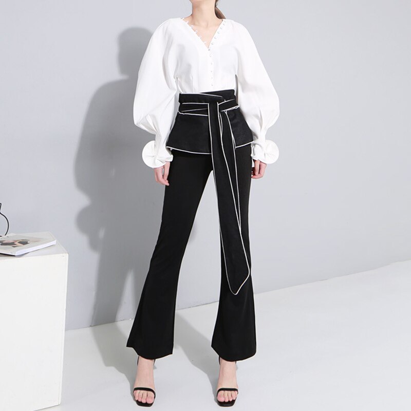 Chiquever branco minimalista blusa para mulher decote em v lanterna manga longa fino elegante blusas casuais femininas roupas de moda outono