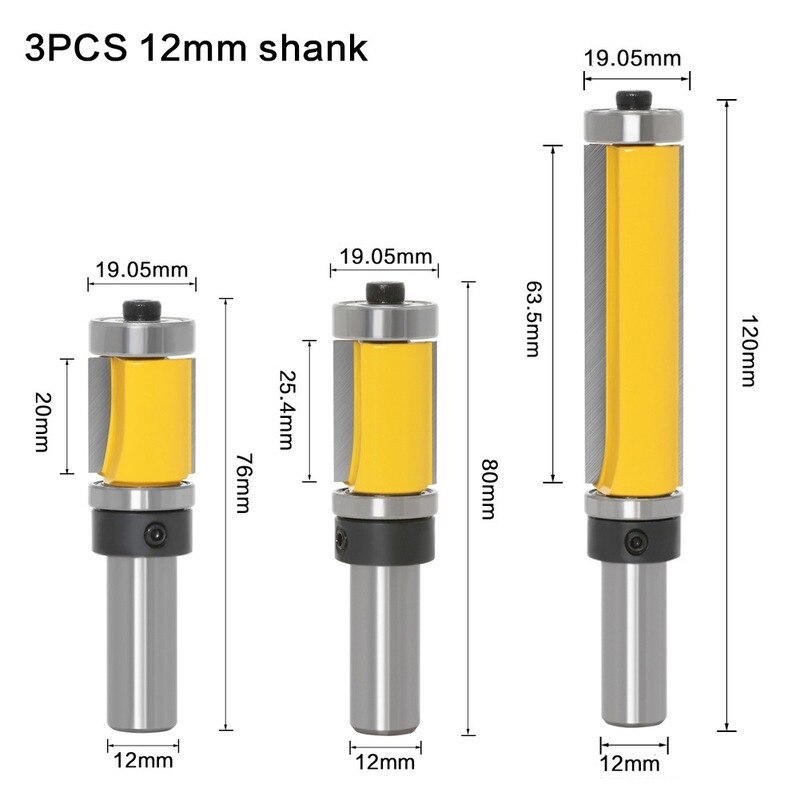 1/3 pièces 1/2 "12mm tige Double roulement garniture droite routeur peu coupe fente couteau fraise carbure affleurant le travail du bois: 3PC 12MM