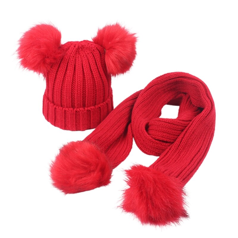 Toddler børn vinter ribbede strikkede beanie hat med lang tørklæde sæt ensfarvet sød dobbelt pom pom ører cuffed kraniet cap 2-8: Rød