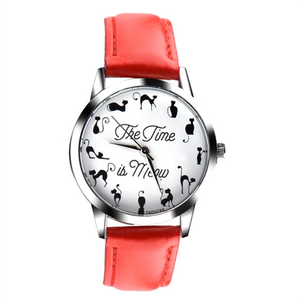 Kvinder ure kat piger ure dame ur læder armbånd ur dame dyremønster quartz håndled vandtæt: Rød