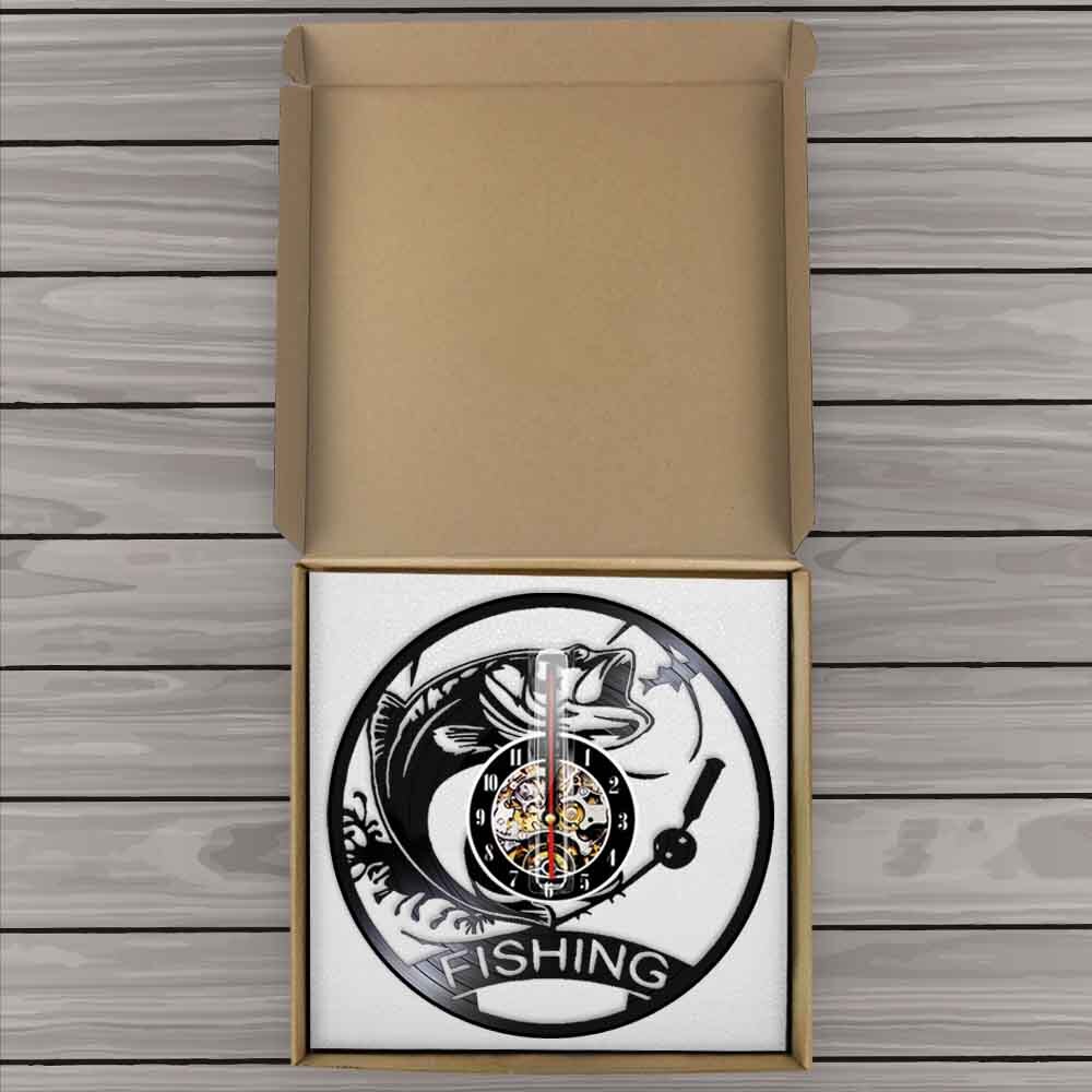 Reloj de pared de pesca hecho de disco de vinilo Real, lámpara de luz nocturna LED de pez mecánico, reloj de cocina moderno, de pescador