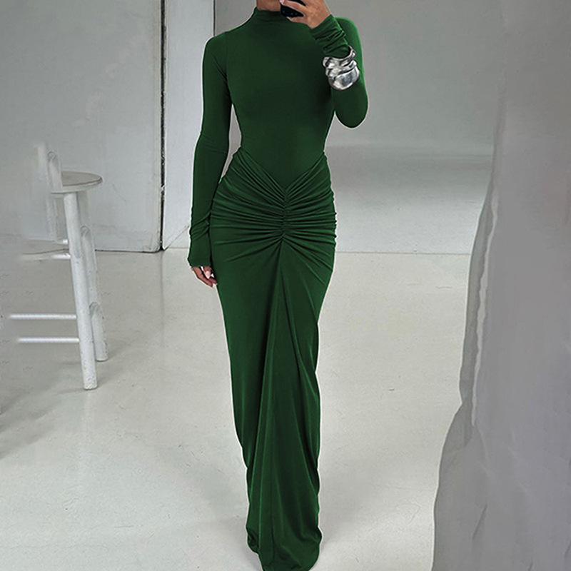 Kryptografisk langærmet sexet bodycon maxikjole outfits klubfest ensfarvet efterårskjoler vestido fødselsdagstøj: S / Grøn