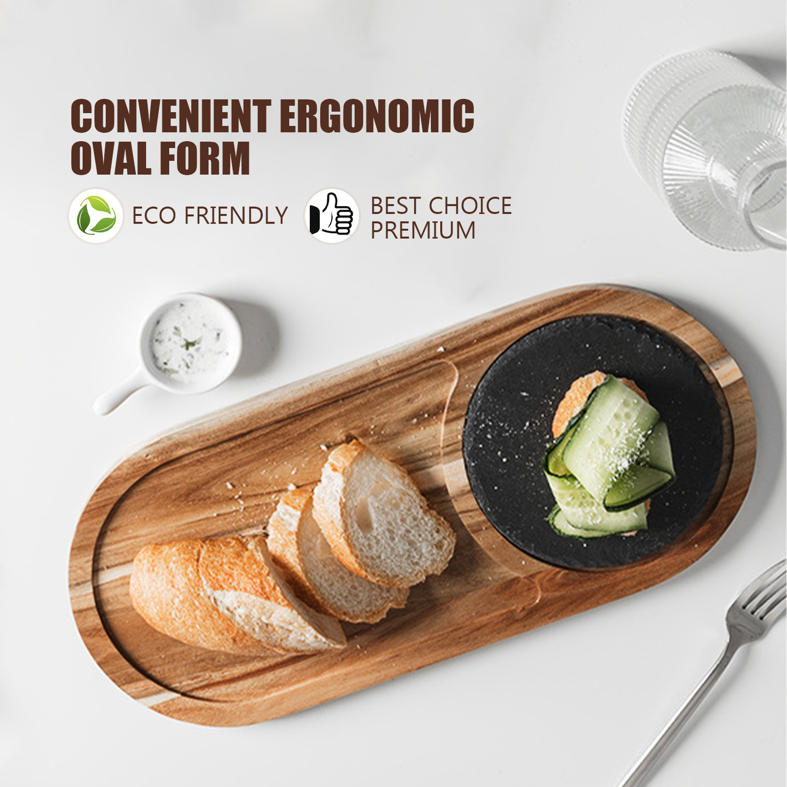 Steak Wood Serving Board with Slate Stone, Acacia Cutting Plate with Handle for BBQ and Grill,Serving Tray with groove