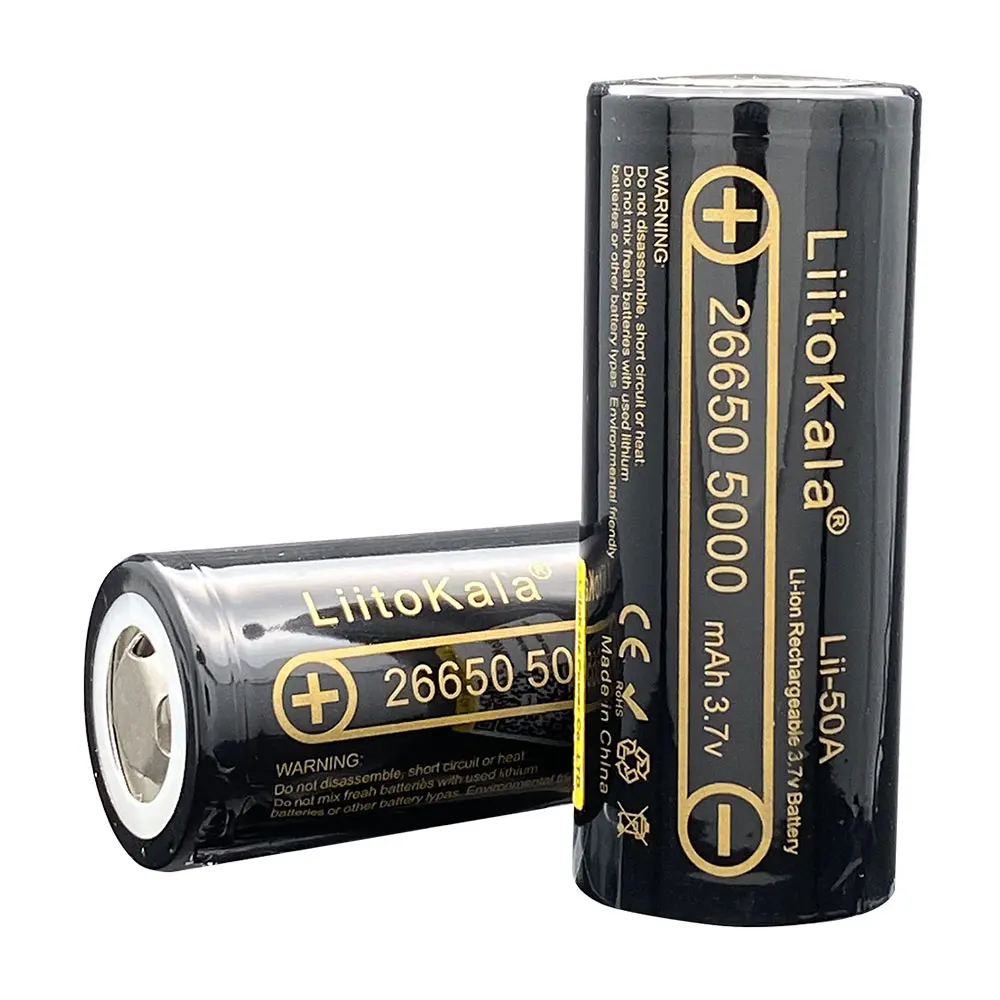 Høy kapasitet liitokala 26650 5000 mah 3.7v li-ion oppladbart batteri 26650-50a batteri til lommelykt 20a pakking