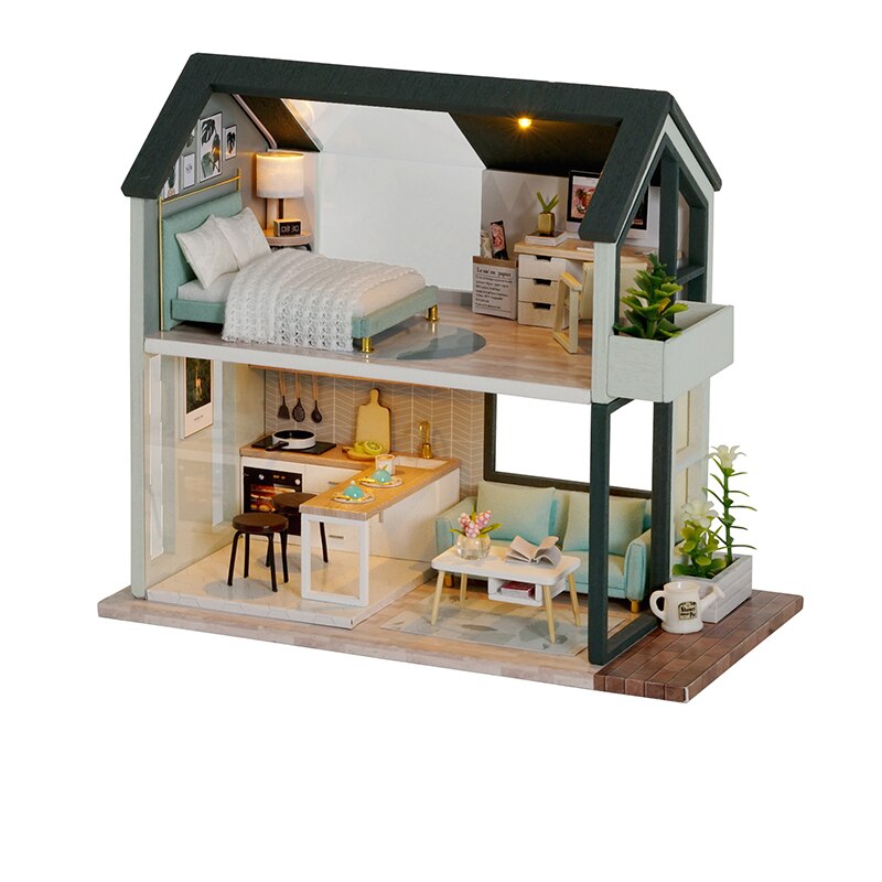 Casa de muñecas DIY para ensamblar madera, con muebles, puzle de apartamento nórdico, juguete para niños, de cumpleaños