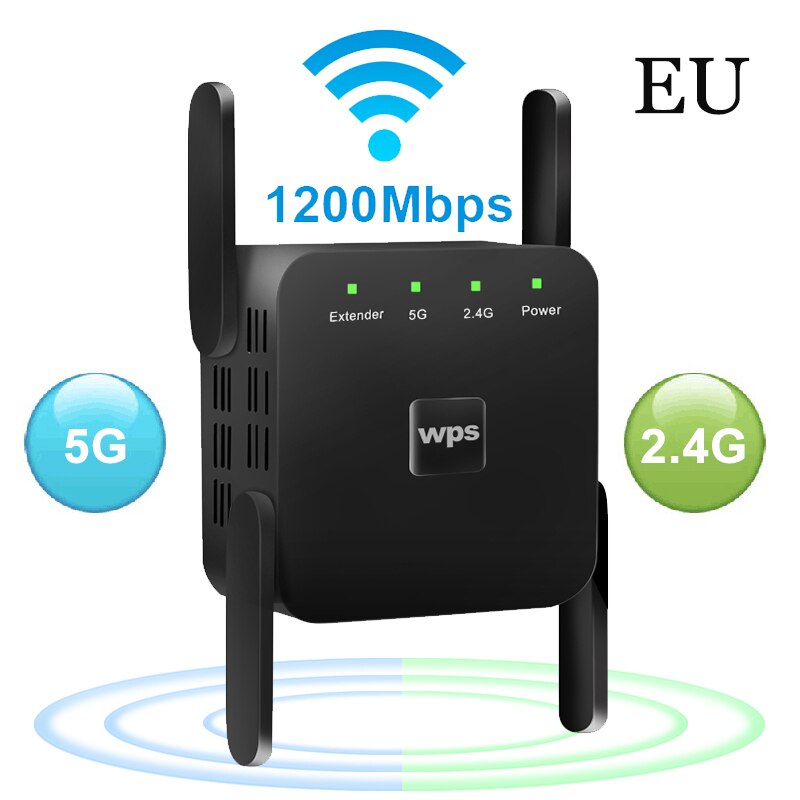 Wireless Wifi Extender WiFi Repeater Long Range Signal Repiter 360 Degree Full Signal Coverage 1200Mbps WiFi Router Amplifier: 1200 mbps Black EU