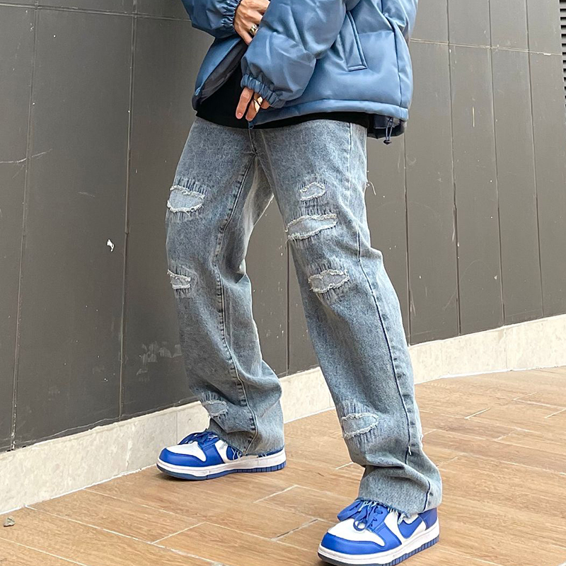 Pantalones vaqueros informales lavados con agujeros rasgados para hombre, ropa de calle con bolsillos de llama en la espalda, Jeans rectos de pareja, pantalones vaqueros sueltos de Hip Hop