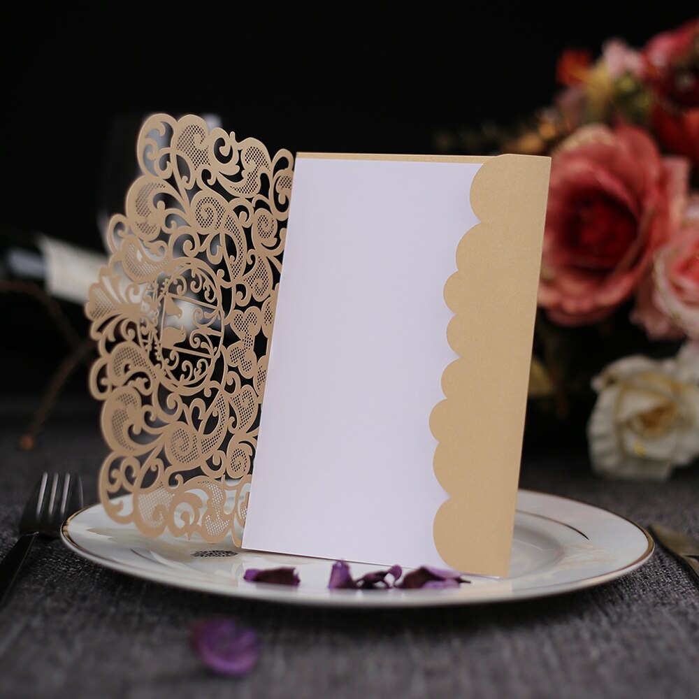 10pcs Pearl Paper Floral Wedding Invitation Card Sets with Blank Inner Sheets Blue/Gold Bird Pattern Wedding Cards Birthday Card