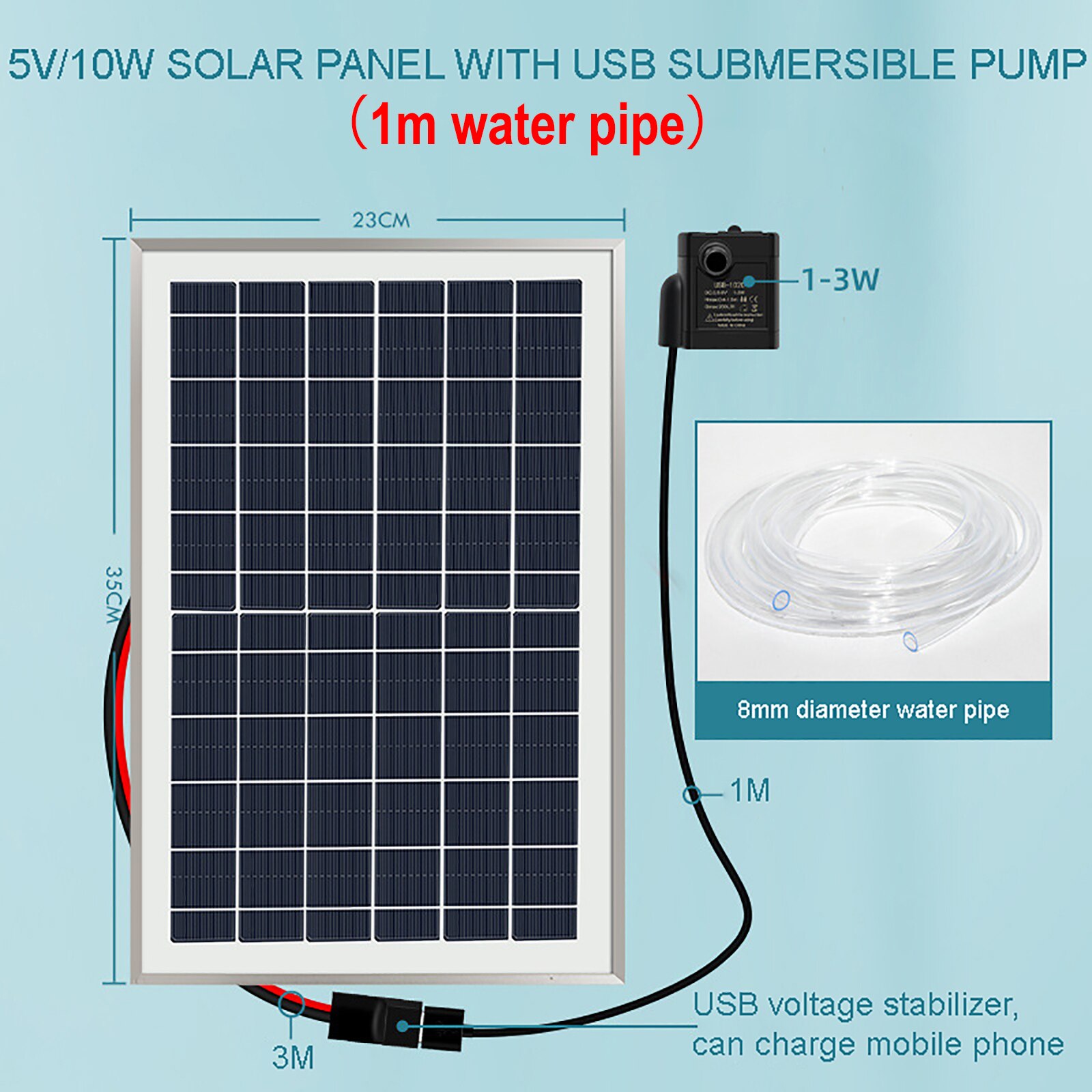 Solar Submersible Pump Kit 10W Solar Panel USB Water Pump Aquarium Fish Tank Filter Oxygenation Flowing Water Pumping Cycle Set: 5V 10W