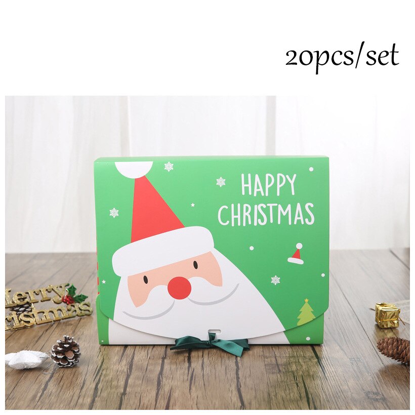 20pcs Christmas Box Sweets Verpakking Cookie Papier Dozen Met Boog Kerstman Decoratie Wikkelen Snoep Doos Voor Kinderen party P: 20 pcs-Green