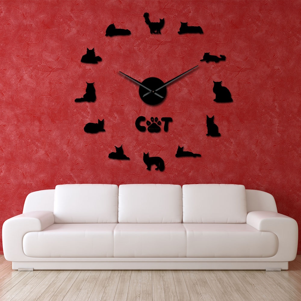 The Gentle Giant Maine Coon Wall Clock DIY Cat Silhouette Wall Art Stickers Decorative Large Wall Clock Contemporary Style Watch
