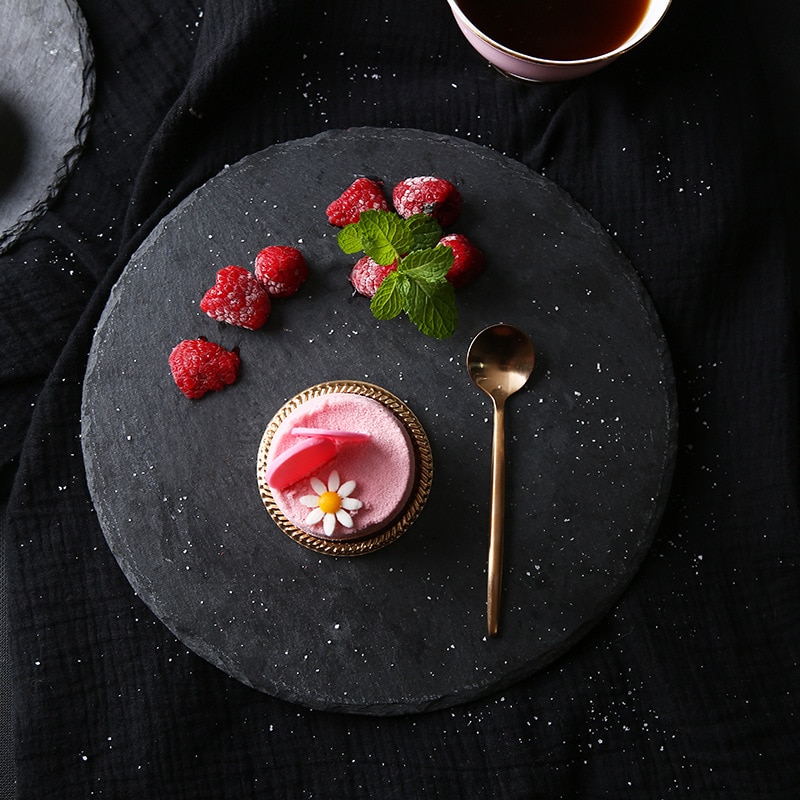 Circular Texture matte black premium rock stone steak western dinner plate luxury feel