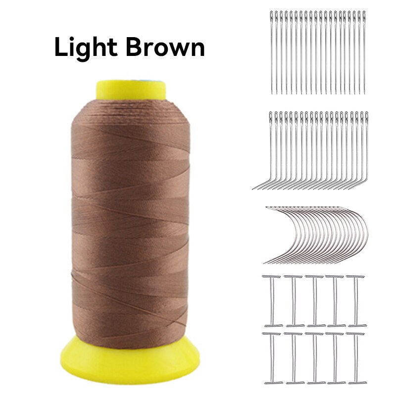 Hair Weave Needle and Thread Set High Strength Nylon Hair Weft Sewing Thread for Making Wig C J I Shaped Needle T Pins: light brown