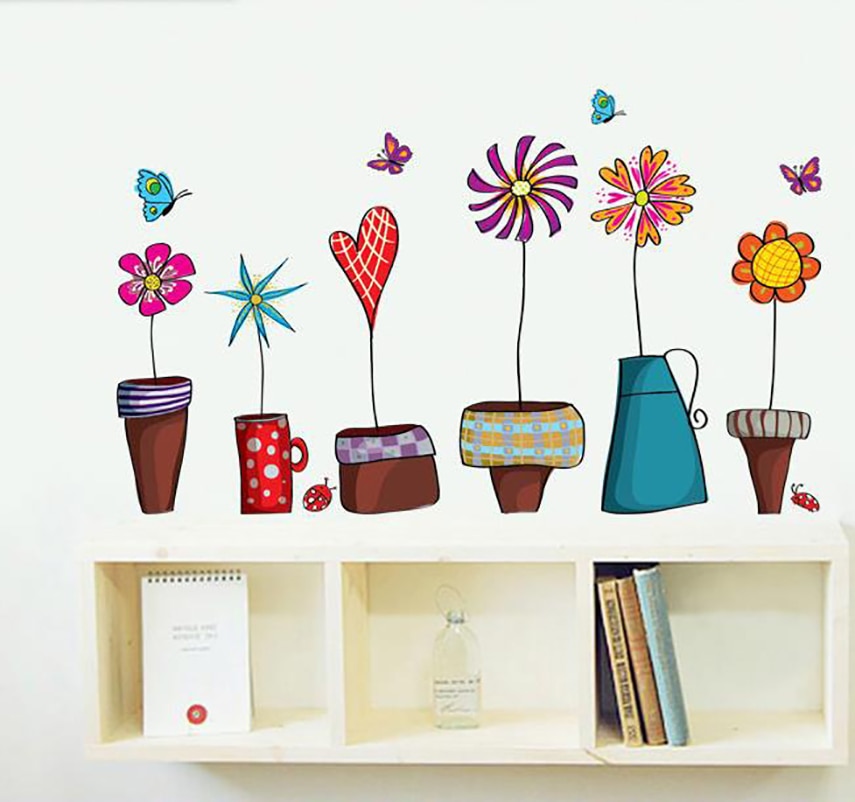 Söt tecknad blomma fjäril väggklistermärken diy dekal fönster glas vägg dekor heminredning barn barn rum inredning
