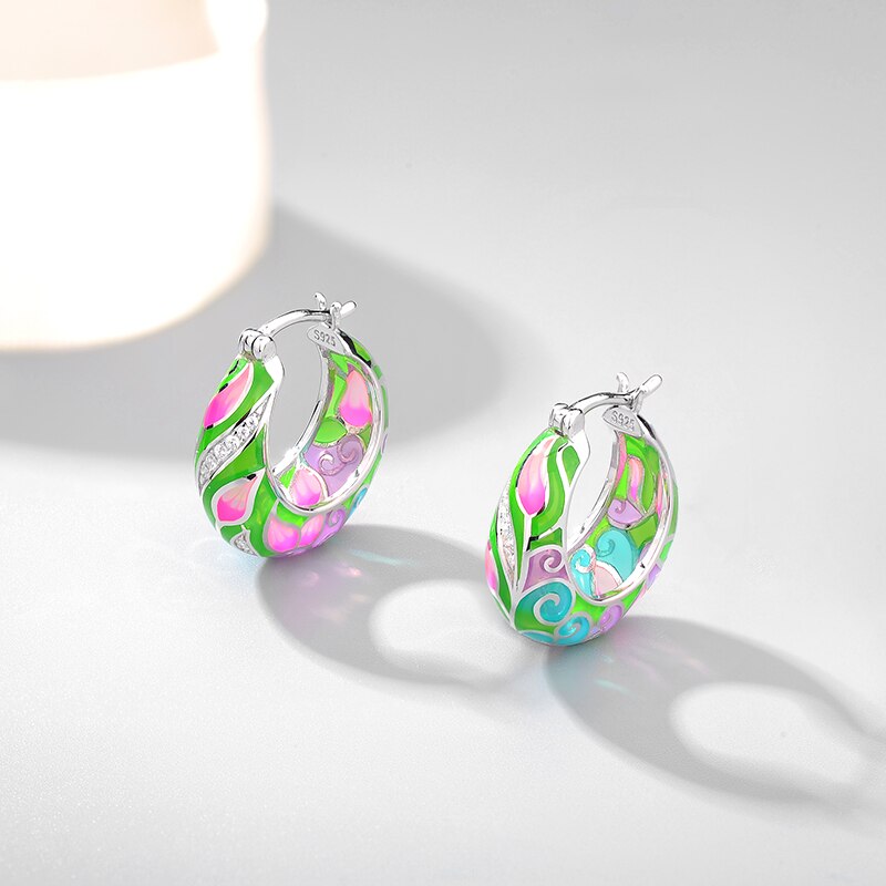 Bricolage comme rêve conte de fées fleur motif en argent Sterling coloré émail fine boucles d'oreilles bijoux de fête