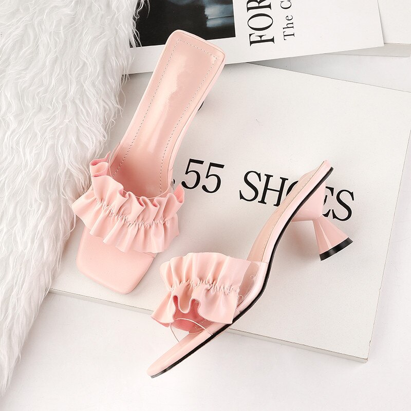 Zomerse dames slippers hoge hakken sandalen ruches vrouwelijke buitenslippers casual vakantie strandschoenen: Roze / 4