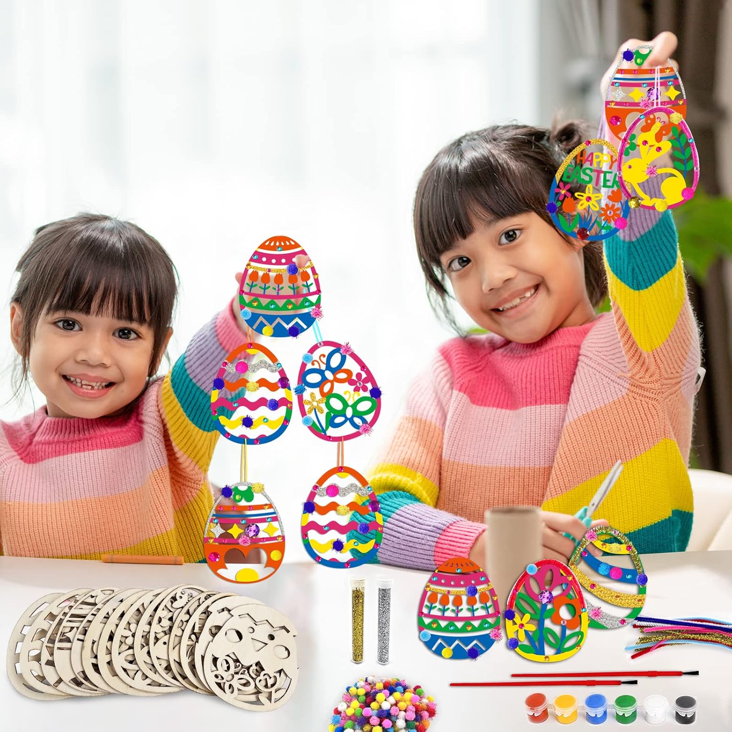 DIY Wooden Easter Egg Craft Kit Includes Unfinished Painted Egg Wall Hanging with Floral and Jagged Patterns Easter Decorations
