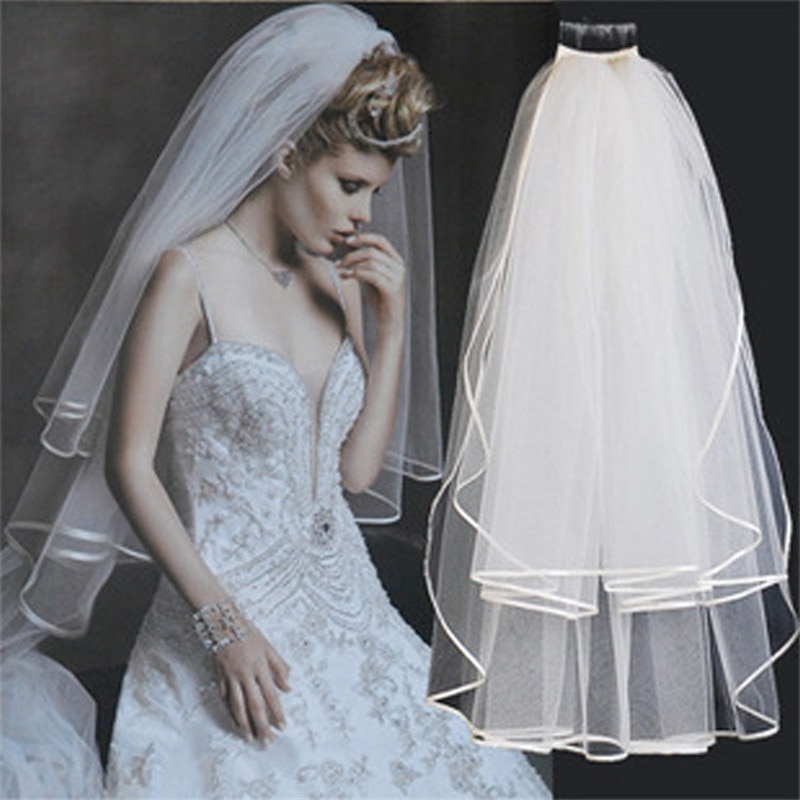 Velo de novia corto y sencillo de tul de dos capas con peine, velo de novia blanco marfil para novia, accesorios de boda