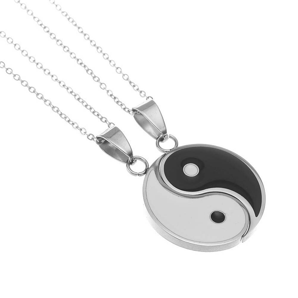 2 Stks/set Mode Metalen Legering Tai Chi Yin Yang Roddels Hanger Ketting Gouden Lange Ketting Paar Vriend Ketting: silver 1