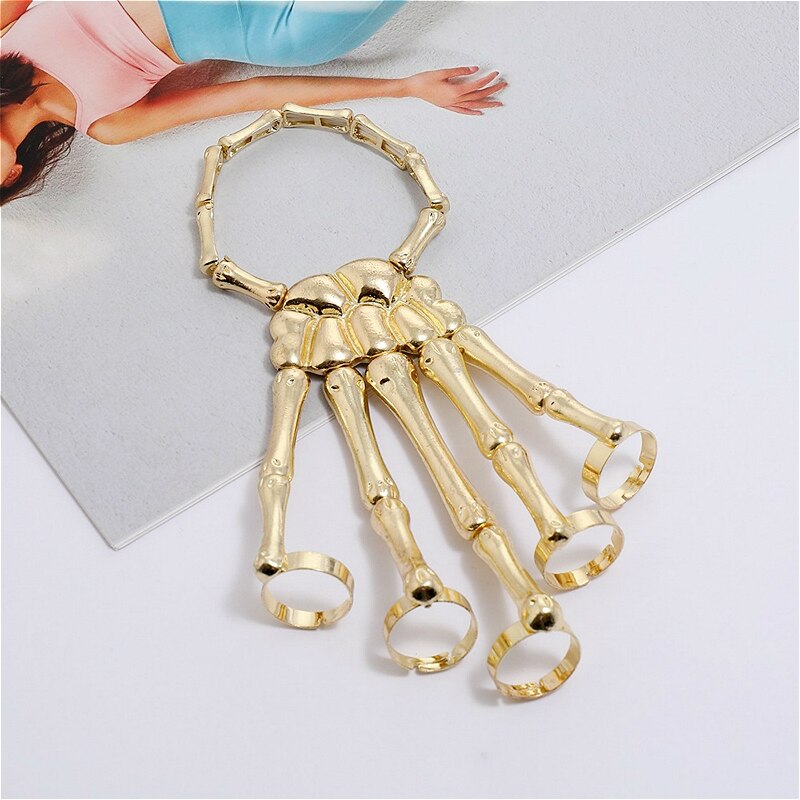 Halloween para mulher gótico punk mão schedel esqueleto elasticidade ajustável pulseira femme acessórios de festa pulseiras: Gold