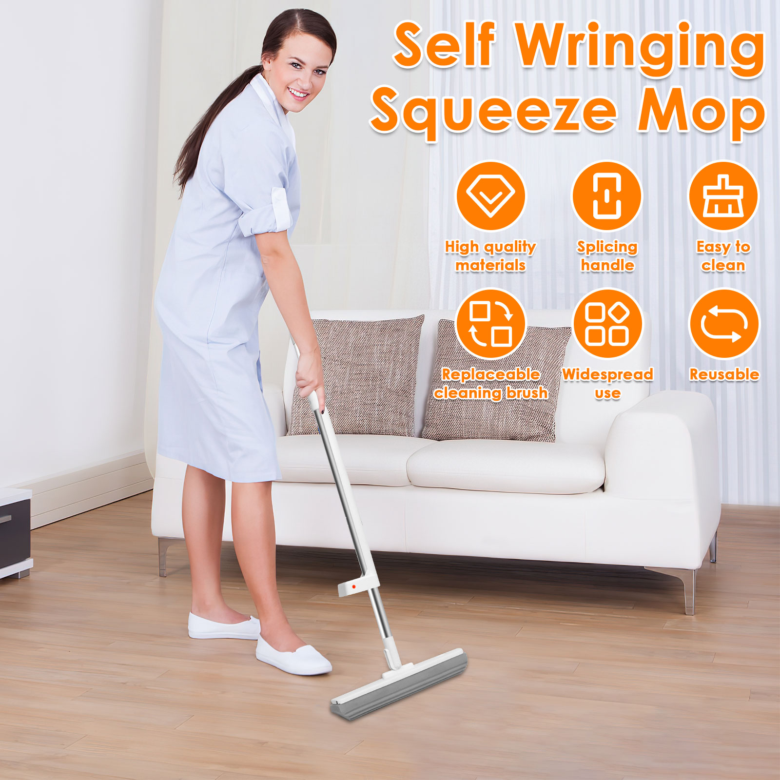 Knijpmop Zelflozende sponsmop met 2 stuks sponskop Handvrije magische zelfreinigende platte mop Huishoudelijke vloerreinigingsgereedschap