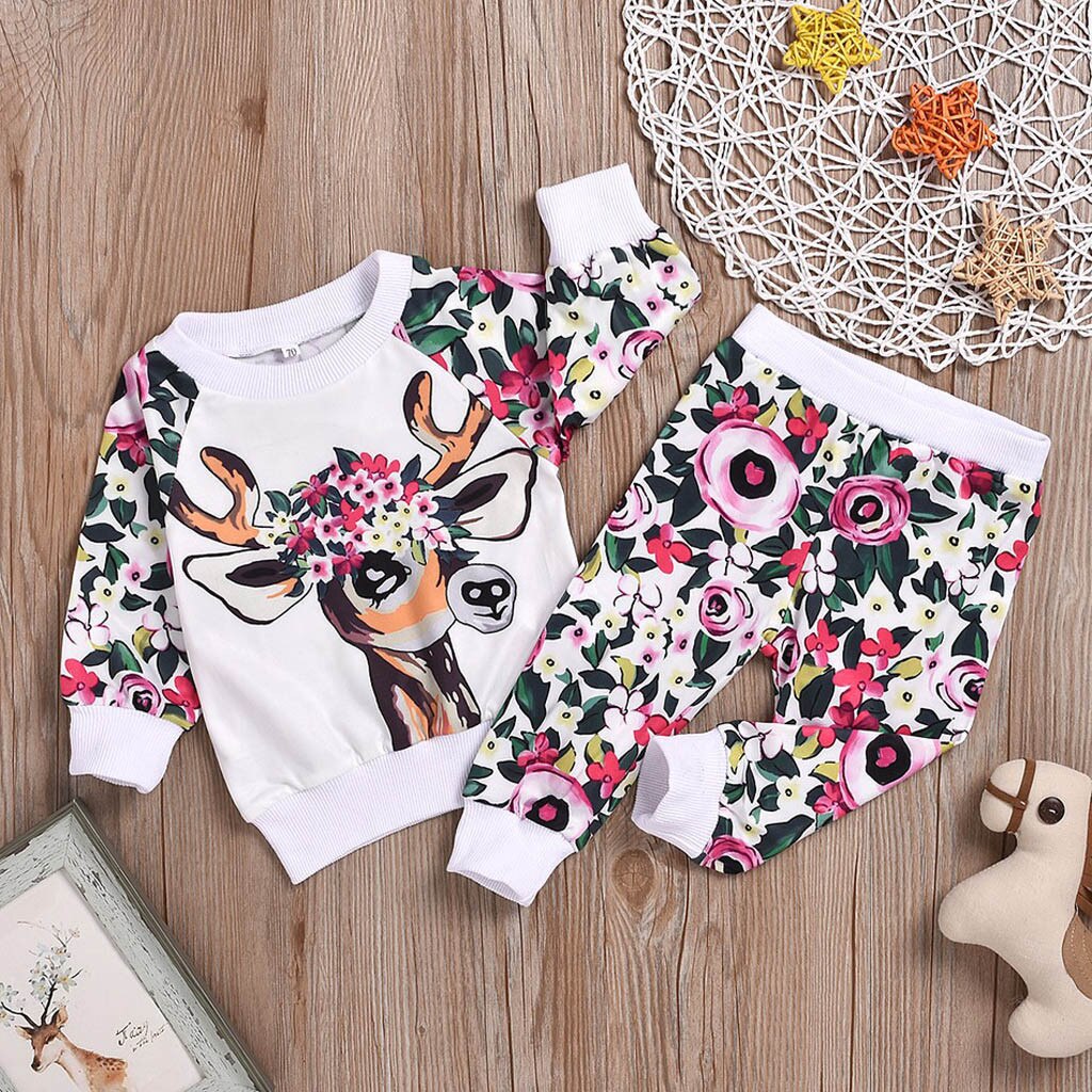 Baby Meisjes Kleding Set Peuter Meisjes Kerst Cartoon Herten Tops Bloemen Broek Outfits Set Kerst Baby Kleding