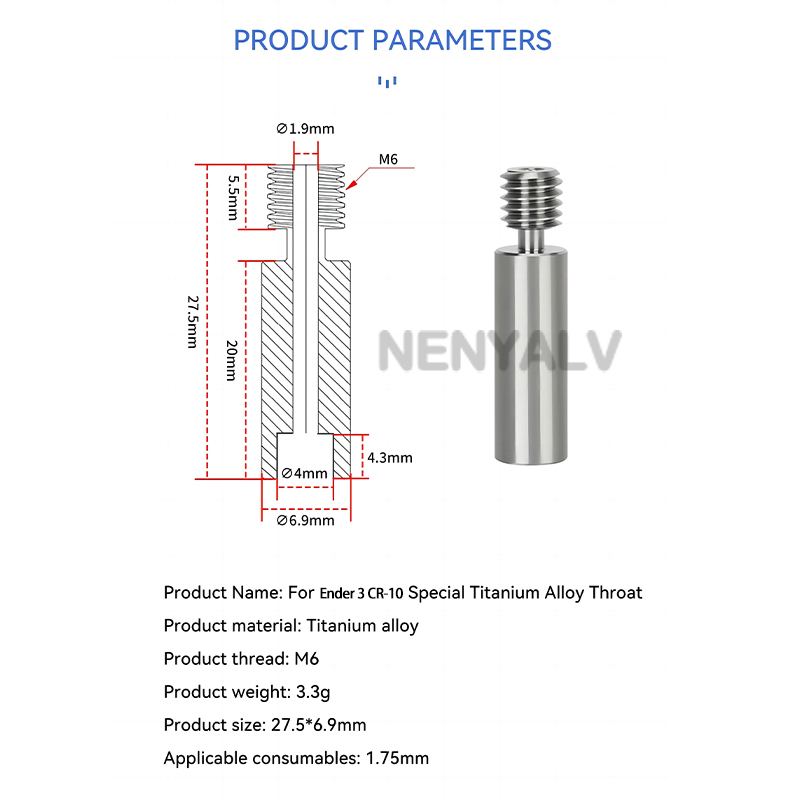 Para CR10 Heatbreak aleación de titanio Heat Break Garganta 1,75mm tubo chapado en cobre para impresora 3D Ender 3 CR-10 Hotend