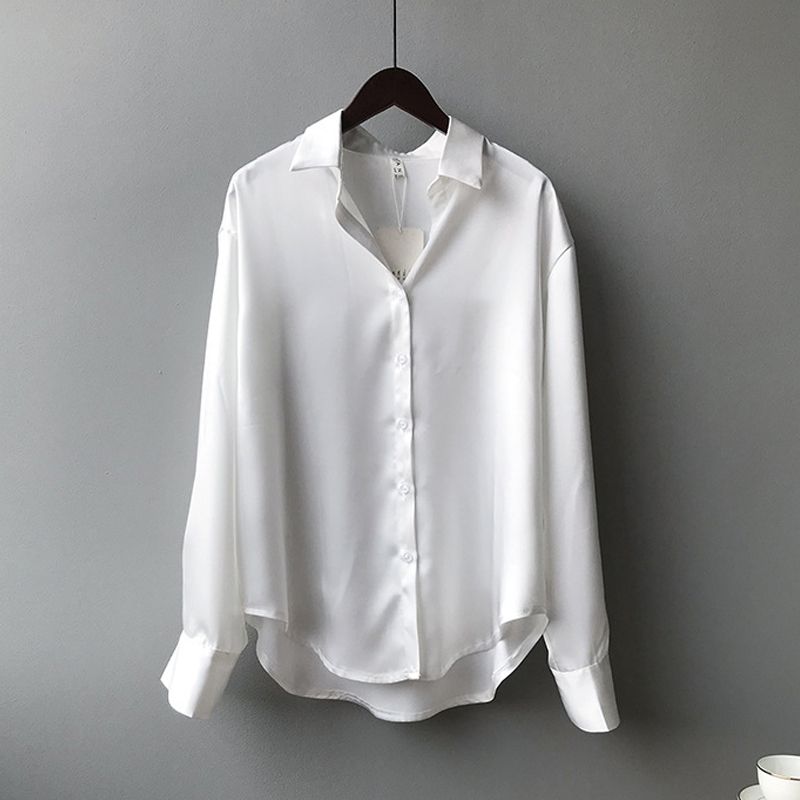 Vårskjorte med knapper i sateng og silke, vintagebluse, hvite topper, dame, lange ermer, løse gateskjorter, 11355: S / Hvit