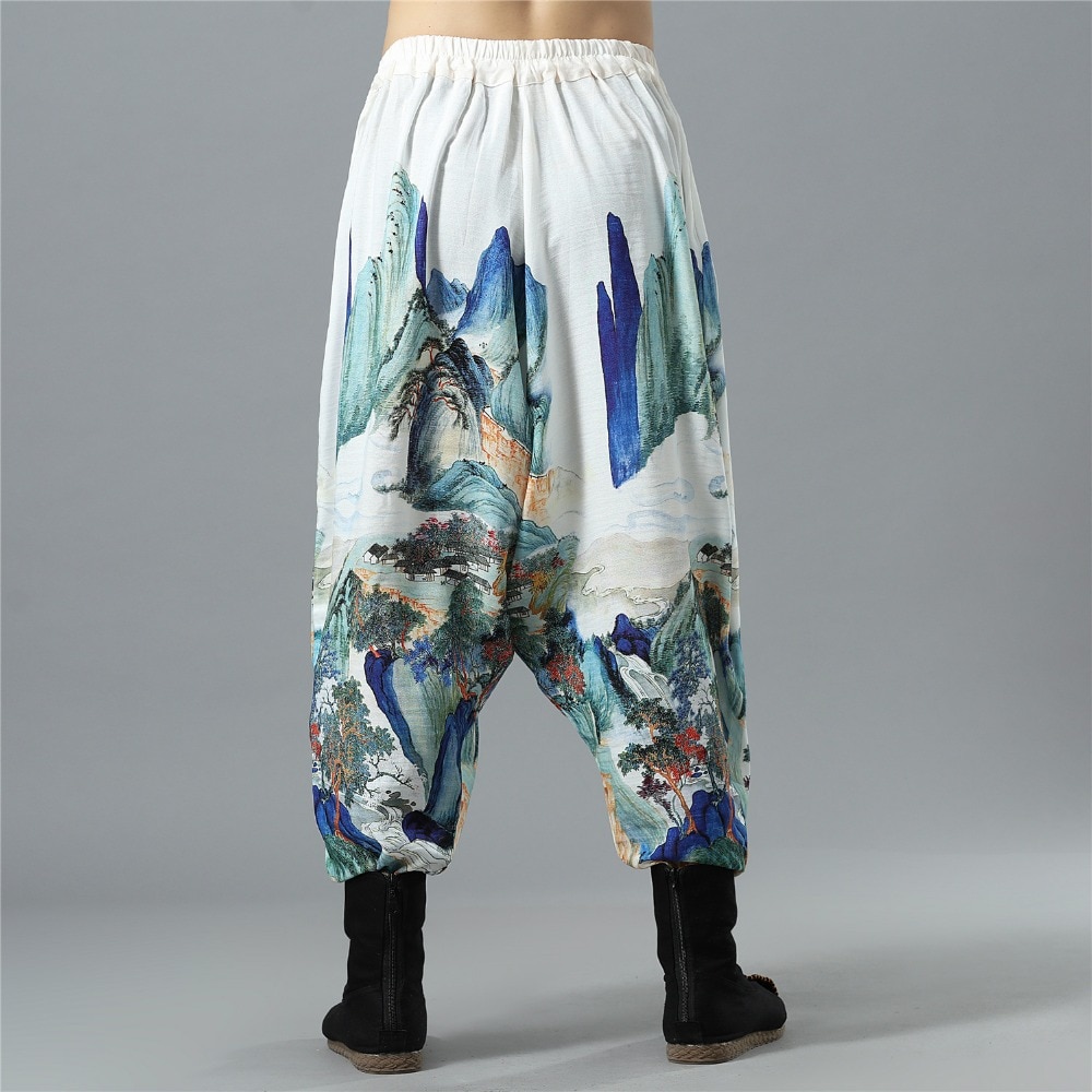 Spring Autumn Nepal Style Cross Pants Traditional Mens Cotton Linen Baggy Pants Big Crotch Extra Loose Bloomers 092601