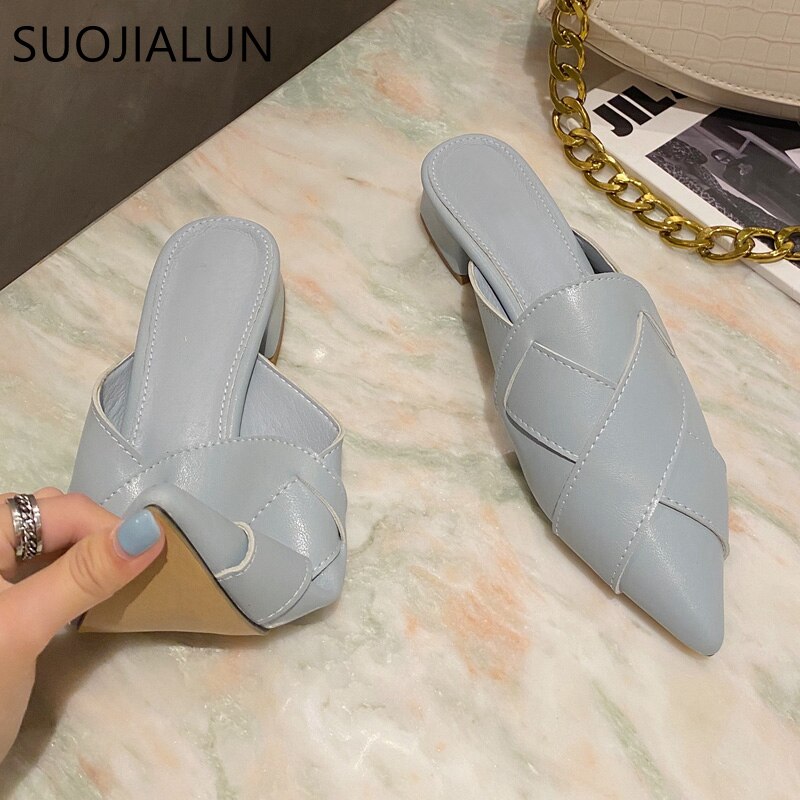 Suojialun vævning kvinder muldyr spids tå lave hæle udenfor tøfler damer slip on slides sandal sko afslappet slip