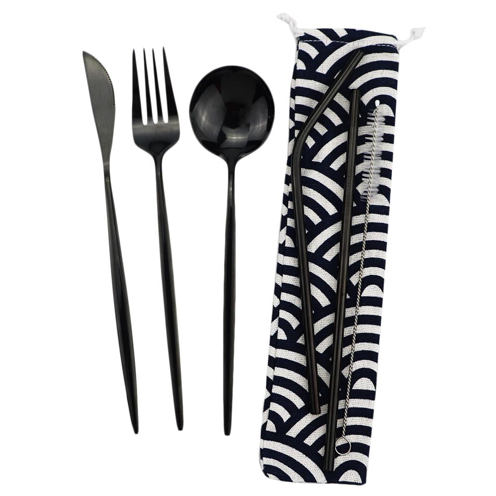 7 stk bestik sæt rustfrit stål spisestel kniv ske gaffel sugerør med opbevaringstaske bestik sæt til rejser udendørs picnic grill: 2 sæt 14 stk / Sort