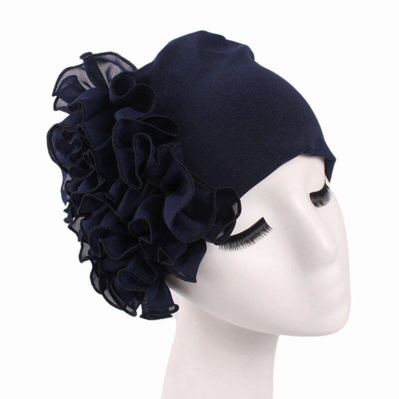 Frauen Muslimischen Rüschen Blume Turban Motorhaube Hütte Bandana Chemo Kappen wickeln Kopftuch: Marineblau