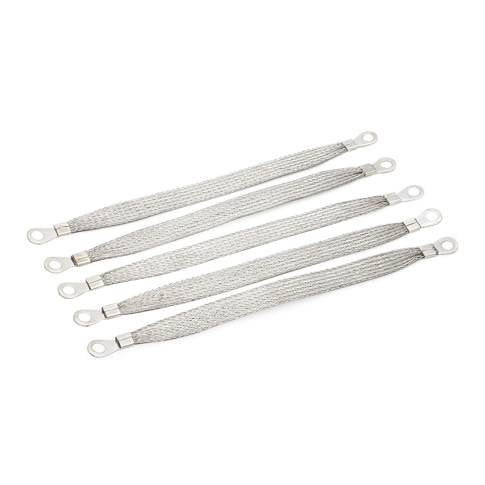 5 piece 8" x 1/2" Braided Ground Straps Tinned Copper (1/4" Ring to 1/4" Ring)-