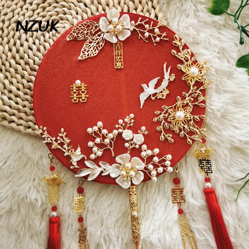 NZUK Red Chinese Wedding Fan Bouquet Ancient Style Handmade Classical Group Fan Traditional Bridal Hand-held Fan